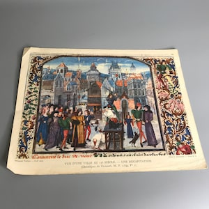 French vintage poster decapitated  view of town from XV century litho