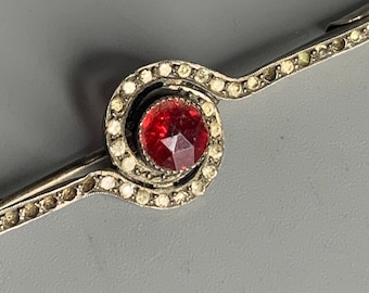 French vintage lapel pin jewelry brooch with red gem Victorian style missing a several tiny stones see photos