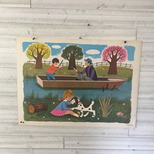 Pôster vintage pôster educativo Fernand Nathan papelão rígido 1965 retro peça à beira do lago cenário retro