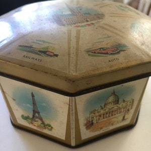 french vintage tin can Cote d&#39;or chocolat 1958 Bruxelles Brussels 58 mi-century hexagonal candy container home decor Belgium souvenir event