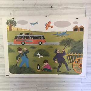 Pôster vintage francês pôster educacional Fernand Nathan papelão duro 1968 retrô mi-século cenário retrô ônibus escolar trabalho em campos