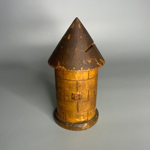 French vintage wooden piggy bank grain silo design toy coin box