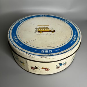 French vintage large tin can round box Paris GEO je t &#39;aime France souvenir round metal box