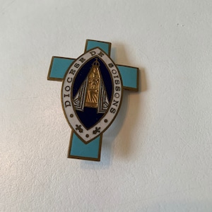 Vintage French Religious brooch enamel  Diocese Soissons church Spirituality jewelry Catholic religion prayer Saint medal pin medal Catholic