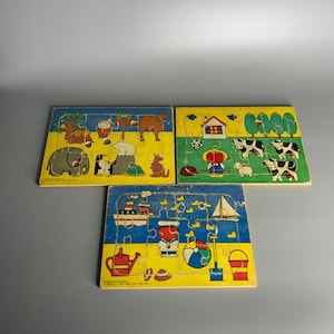 French puzzles vintage set of 3 small childrens puzzles farm beach and desert design