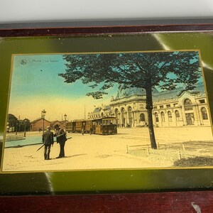 Belgium antique Mons La Station souvenir frame wood and glass