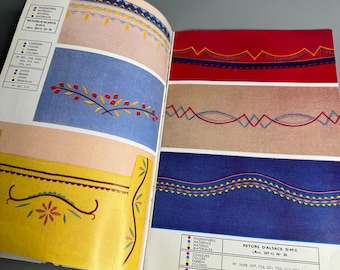 Peut inclure: Une page d'un livre de broderie vintage présentant différents motifs de points et combinaisons de couleurs. La page présente une variété de motifs, notamment un motif floral, un motif ondulé et un motif géométrique. Le livre comprend des instructions pour chaque point et un nuancier pour le fil à broder DMC.