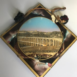 French vintage St Brieuc souvenir bridge wall hanging glass Bretagne scenery glass frame