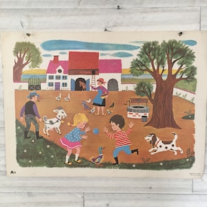 Cartaz vintage francês cartaz educacional Fernand Nathan papelão duro 1965 retro mi-século educacional fazenda dia retro cenário