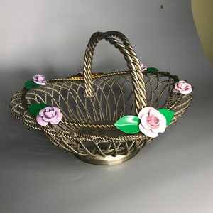 Cesta de alambre vintage francesa forma de cesta de frutero con rosas color plata metal retorcido