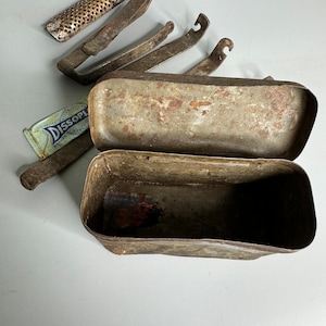 French vintage bike repair kit in rusty metal box collectible only with accessories