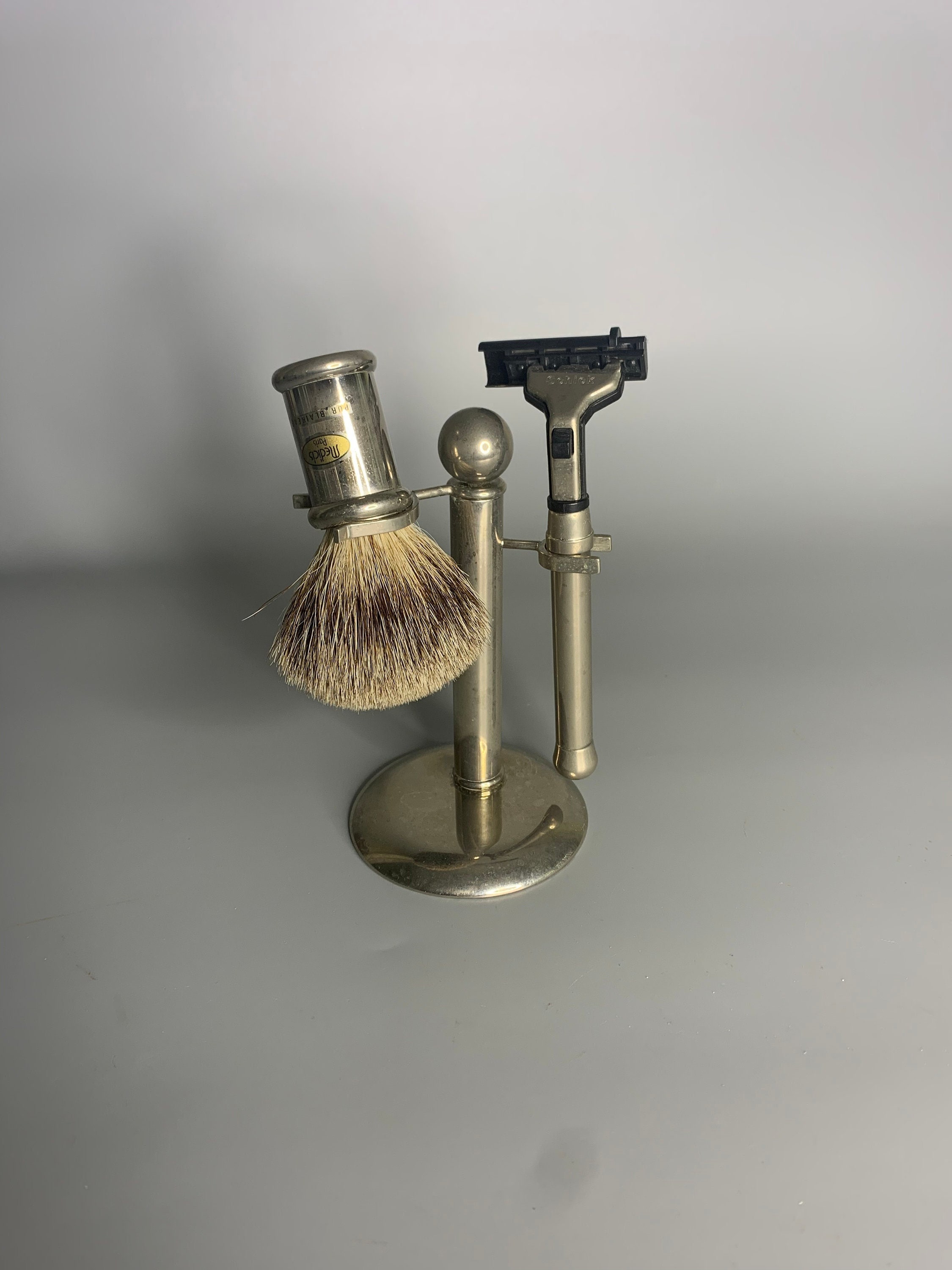 French Vintage Metal Shaving Brush and Razor Holder Stand French Vintage Metal Shaving Brush and Razor Holder Stand