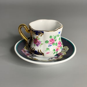 French vintage small coffee cup on plate porcelain flower design gold trim