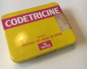 Boîte de conserve en métal pour médicaments vintage, CODETRICINE, cachet de gorge pour gorge, boîte à pilules pharmaceutique du milieu du siècle, boîte en métal de collection en métal