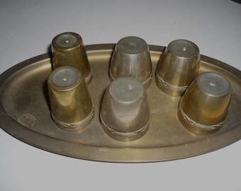 French antique  6 shot glasses with oval tray 1900's  brass