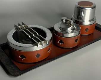 French art deco style smoker set lighter ashtray and cigarette holder with tray playing card design chrome and leather-like material