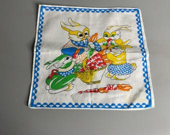 French vintage cotton handkerchief bunny design bunnies at play