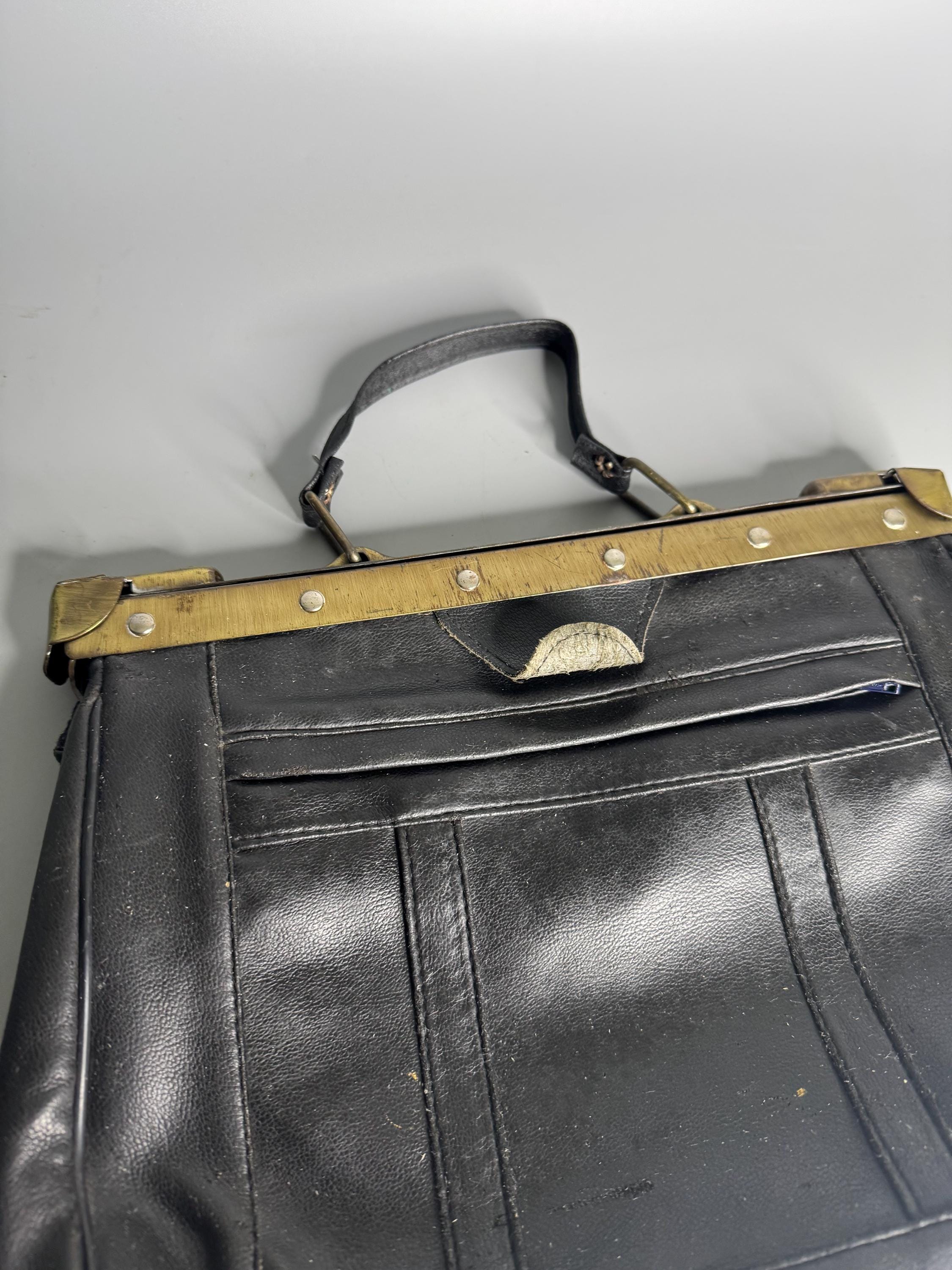 French Vintage Black Handbag Leather Brass Hardware 2 Zipper