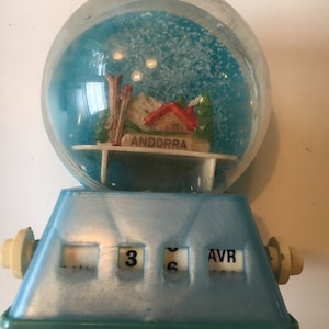 french vintage snow dome Andora souvenir piggy bank perpetual calendar inscription Made in France