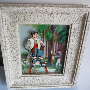 Französischer Vintage Bilderrahmen 3-D Glasbild von Schafhalter & Sammeln von Ahornsirup Anfang der 1960er Jahre Land Mi Century Hängerahmen