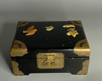 Boîte à Bijoux Vintage En Bois Et Laiton - Décor Oiseaux En Résine - Fait Main - Occasion