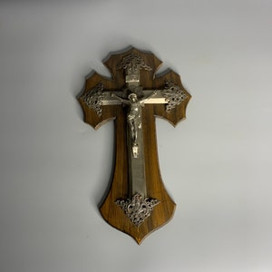 French crucifix vintage wooden and aluminum crucifix religious wall hanging decoration Jesus on wood cross
