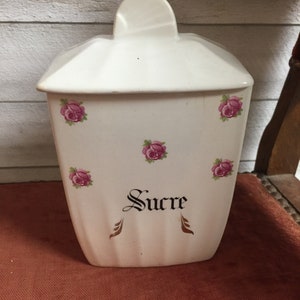 French vintage canister semi-porcelain sugar canister roses gold leave home decor country jar container kitchenware dining serving art deco