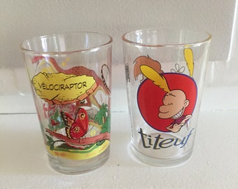 french cartoons glasse Velociraptor collectible limonade juice glasses bar ware drink ware kitchen children Price is for ONE glass