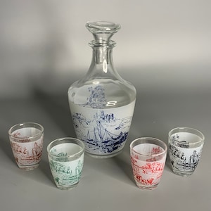 French vintage carafe glassware set vase with 4 shot glasses France design sailboat and other side horse -carriage