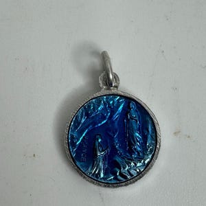 French Lourdes  vintage religious medal pendant necklace jewelry Virgin Mary & St Bernadette the Cave