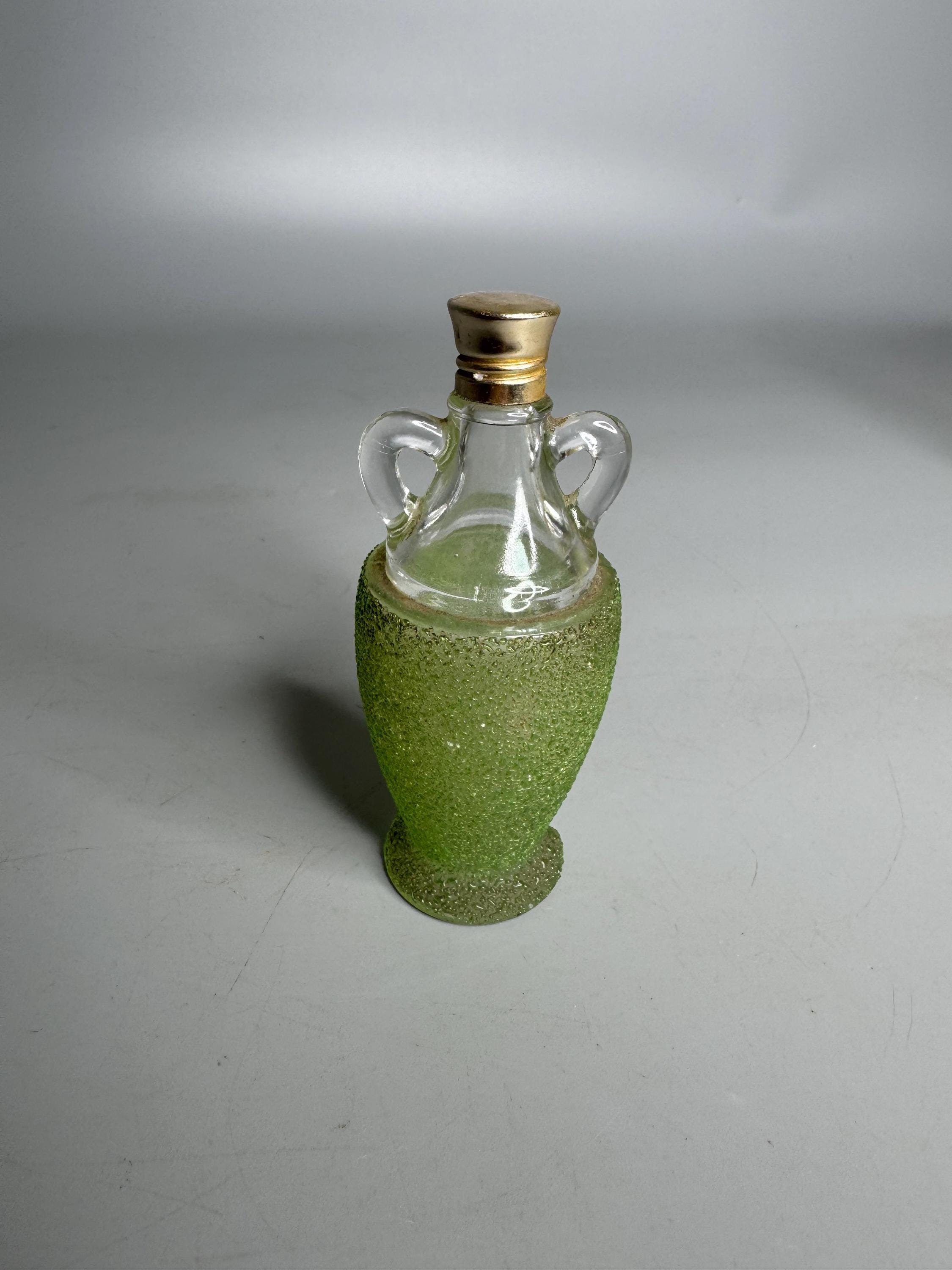 French vintage collectible glass empty perfume bottle green jug shape with lid frosty glass