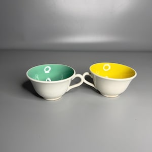 French Digoin Sarreguemines vintage porcelain ceramic coffee cup set of 2 green and yellow from 1950&#39;s era