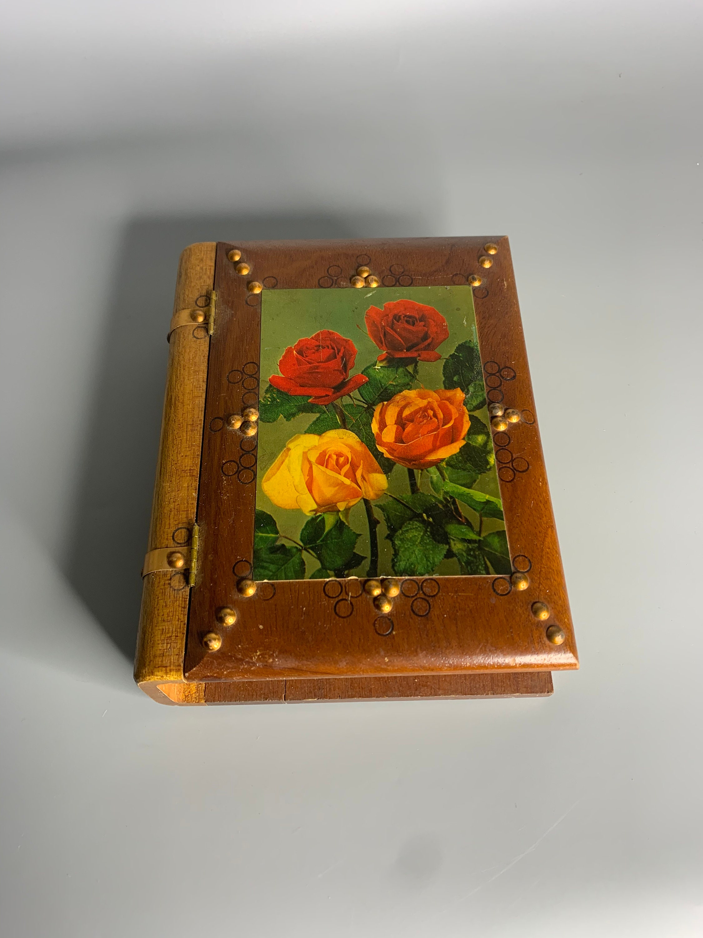 French Vintage Wooden Copper Knick Knack Box Flower Roses Design