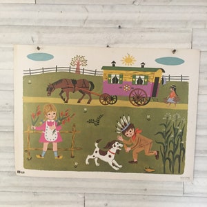 Cartel vintage francés cartel educativo Fernand Nathan cartón duro 1968 retro Mi-siglo escuela exhibición retro gitan gitano campamento