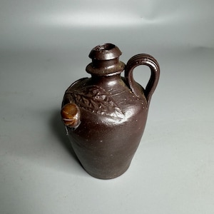 French vintage small terracotta pottery leaf design carafe kitchenware calvados empty jug Normandy souvenir walnut design