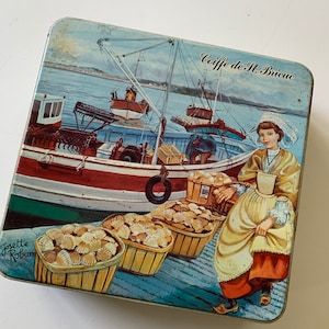 French Vintage Tin Can by Josette Robion late 1950&#39;s  Coiffe de St. Brieuc lithography Mont Saint Michel country  home decor kitchenware