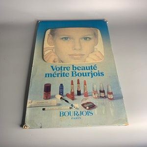 Francuski plakat vintage z tektury reklamowej na produktach kosmetycznych Bourjois Paris