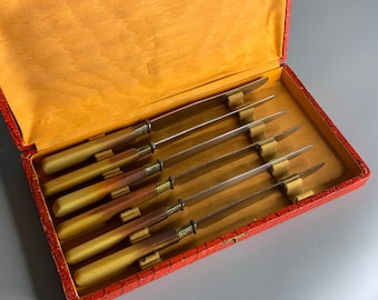 Französisches Vintage PRADEL inoxidable Messer Bakelit 6er-Set in hautähnlicher Box