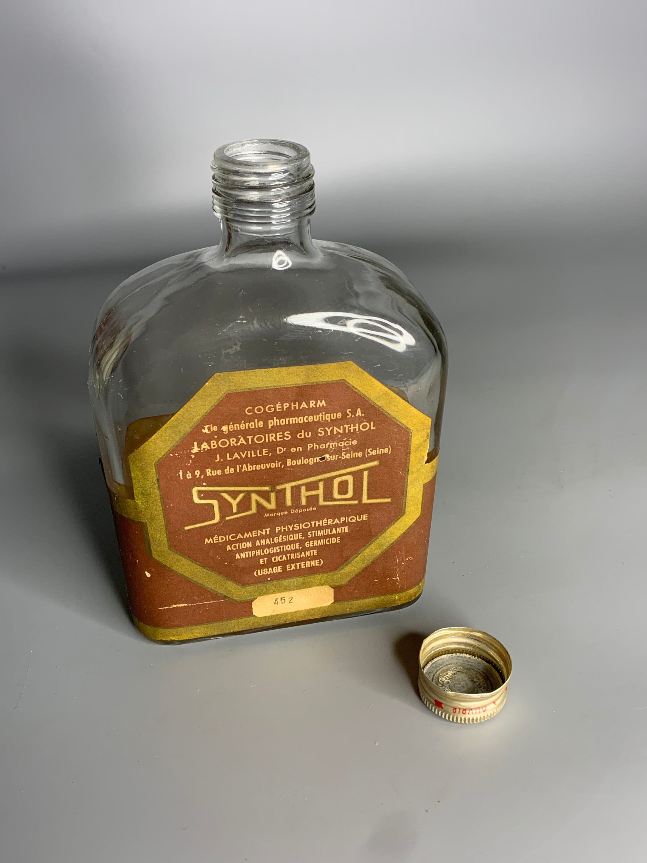 French Vintage Empty Glass Bottle Medicine Synthol Large Bottle Medicine 