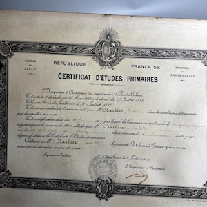 Französisches antikes Zertifikat- Certificat d' etudes primaires Republique Francaise von 1909