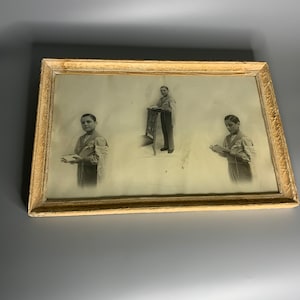 French Antique  religious first communion young boy painting frame pencil etching art signed by artist
