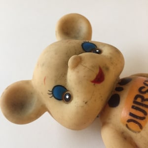Antique French squeaky soft celluloid Ourson 1940&#39;s squeezing baby toy old animal toy kitsch squeaky baby bear toy Easter