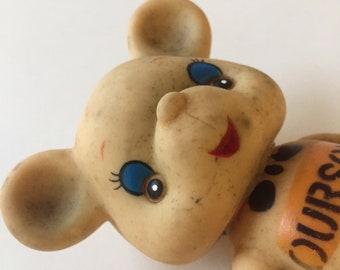 Antique French squeaky soft celluloid Ourson 1940's squeezing baby toy old animal toy kitsch squeaky baby bear toy Easter