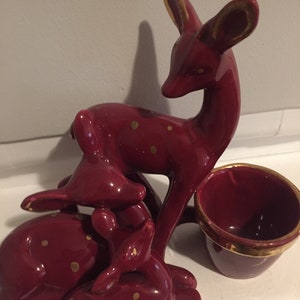 French fawn vintage decor doe animal Ceramic Doe & babies Flower pot holder gold trim mi-century home decor animal pottery