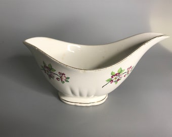 French vintage porcelain gravy boat dish gold trim flower design serving dish Moulin des loups France