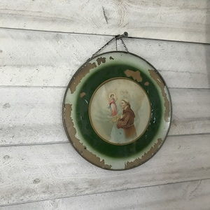 French antique religious glass frame Saint Joseph with an angel church décor Catholic