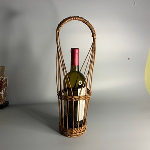French vintage wine bottle carrying case wooden wicker weaver barware