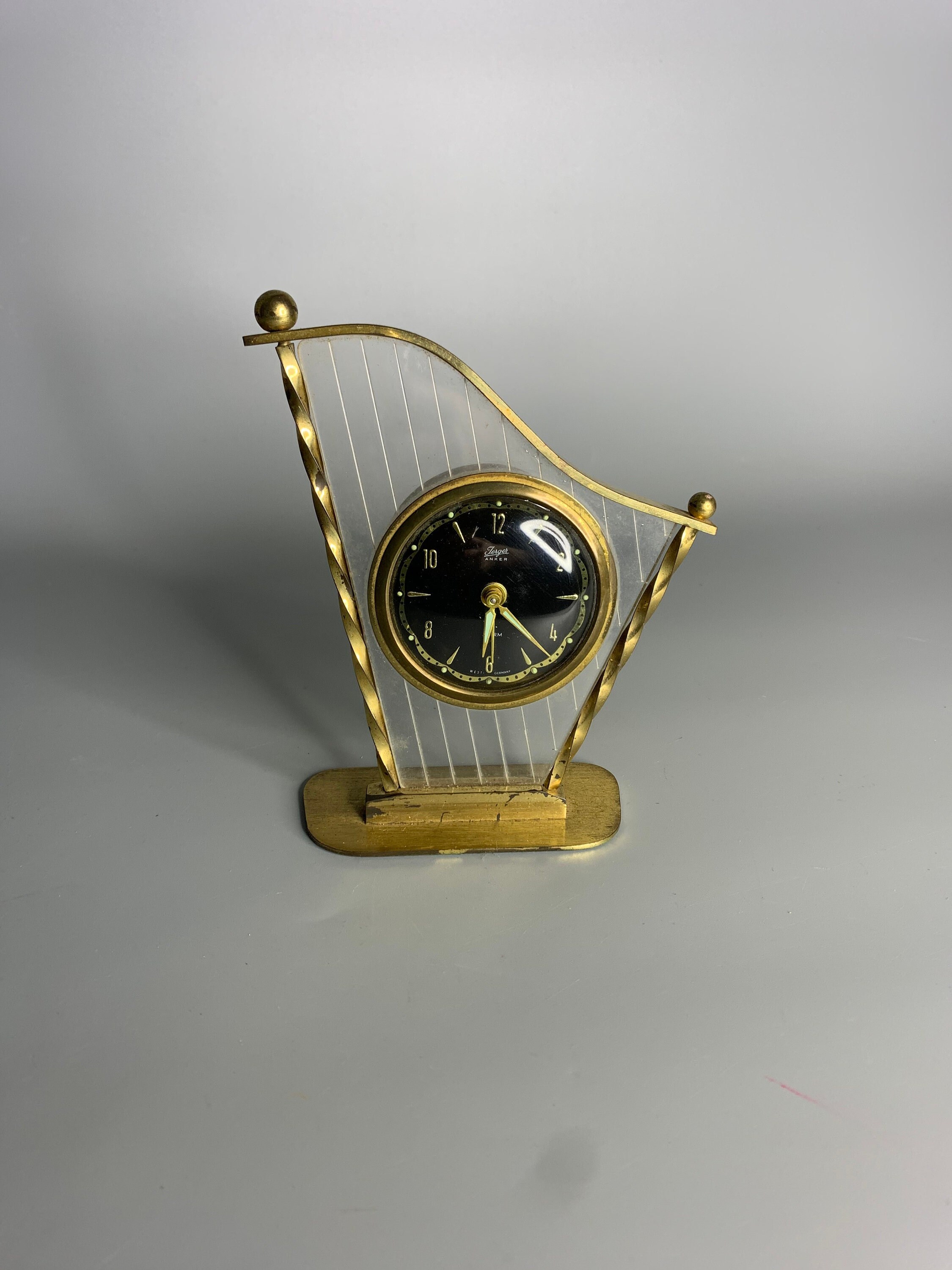 German Vintage Harp Design Alarm Clock Jerger Anker Brass Mi