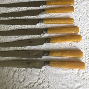 French vintage knives 8 pieces Bakelite Art deco style inoxidable 202 kitchenware dining home decor silverware kitsch mi-century