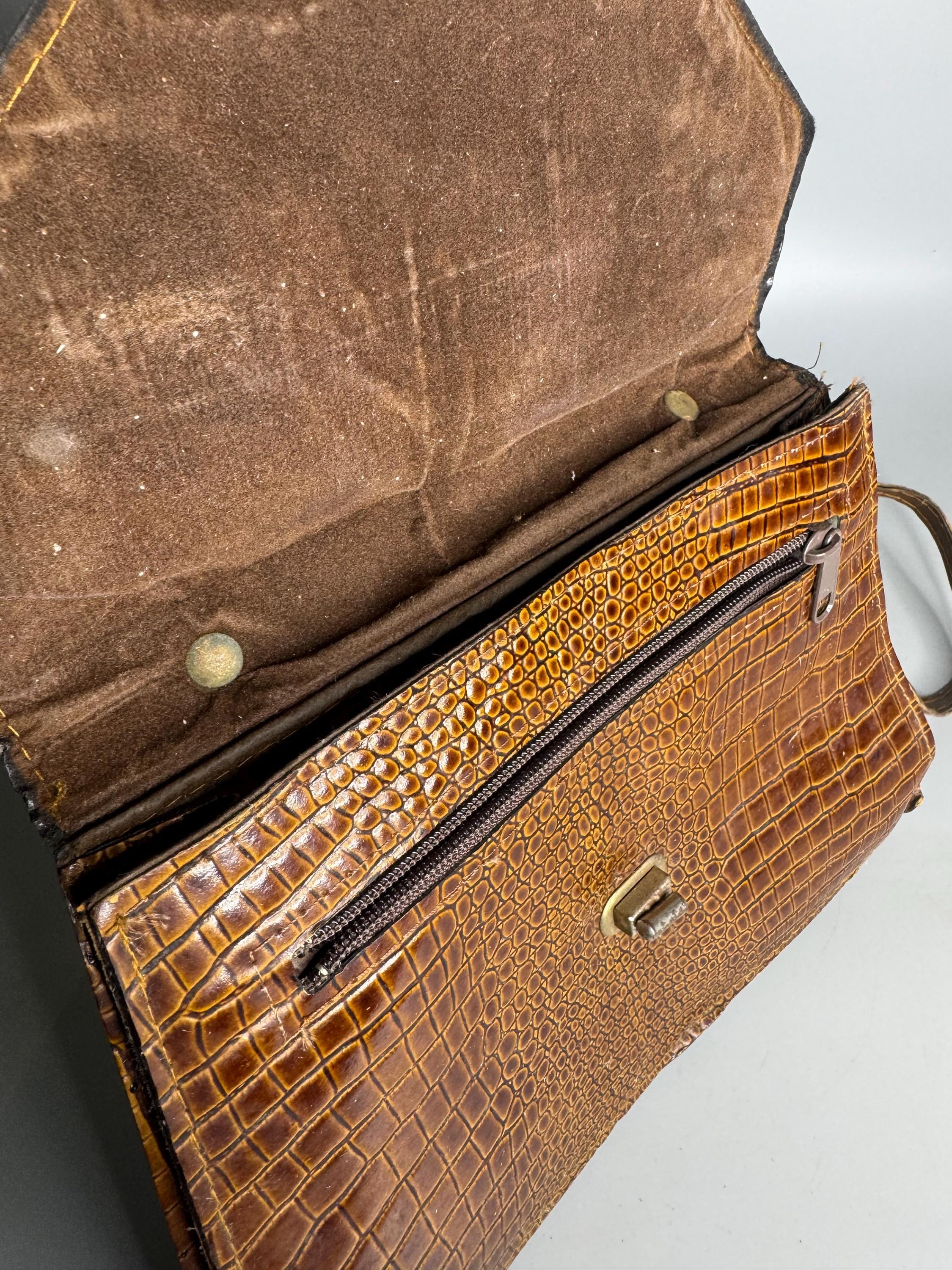 French Vintage Brown Faux Skin Like Handbag 2 Zipper Pockets